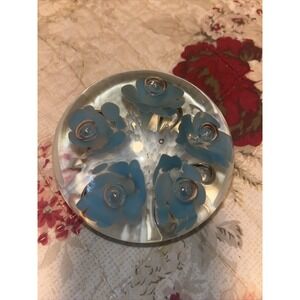 Joe Rice Art‎ Glass Paperweight Teal Floral Controlled Bubble Etched